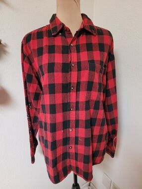 Furst Of A Kind Red  Black Buffalo Plaid Button-Up Flannel With Rhinestone Flame
